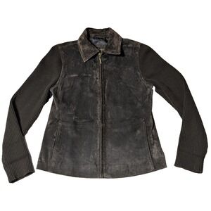 VTG FABIO LEATHER x ACRYLIC SLEEVES Women Medium Brown Mixed Material Jacket